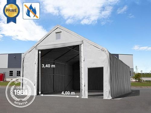 Hangar 8x8 m, porte 4x4,4 m, toile PVC de 720 g/m², ignifugée, grise