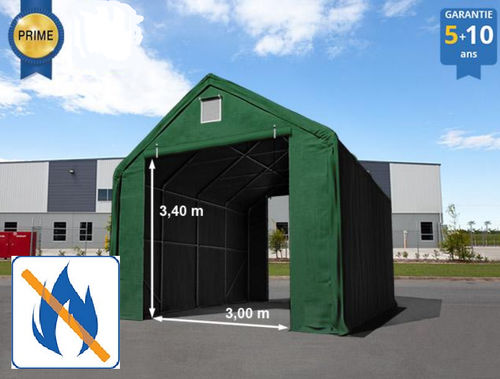 Hangar 5x10 m, porte 3x3,4 m, toile PVC de 720 g/m², ignifugée, vert