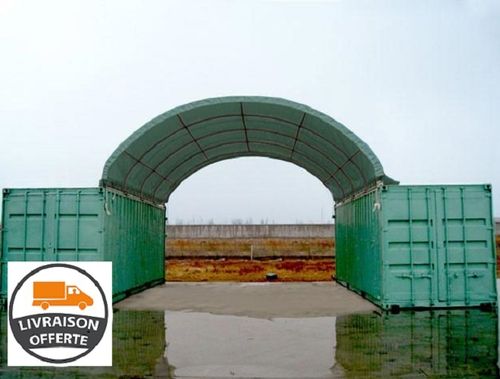 Abri tunnel sur containers 8x6 m, PVC 720 g/m² anti-feu vert