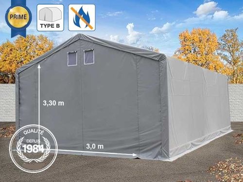 5x8m tente de stockage, H. 3m, porte 3x3,3m, toile PVC de 720 g/m², anti-feu, gris